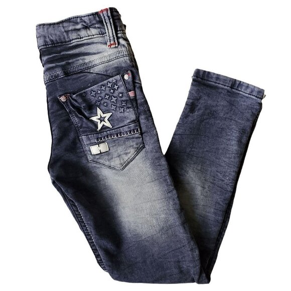 H&M Monday Skinny Leg Jean Indigo Blue Distressed Denim Adjust Waist Girls 26/19 - Picture 1 of 5